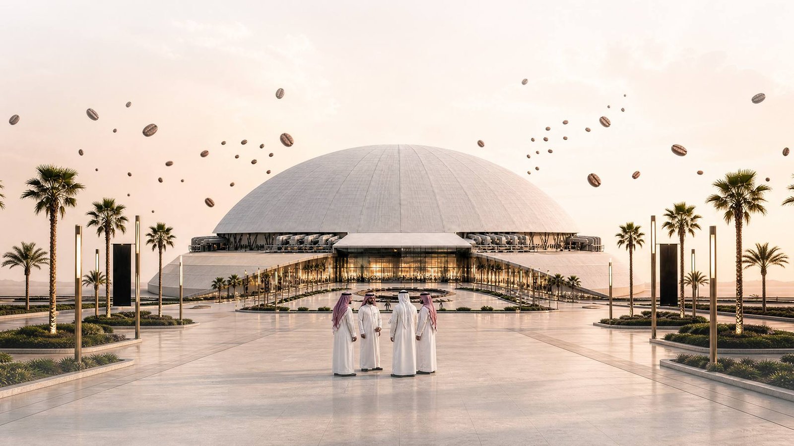 Jeddah Superdome at sunset with coffee beans in the sky